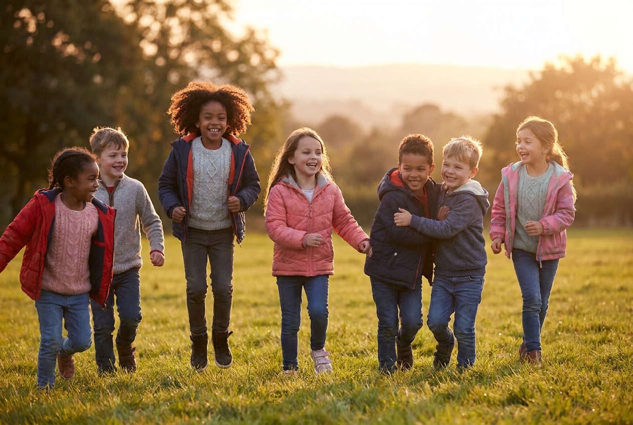 Hoopvolle, lachende kinderen samen buiten